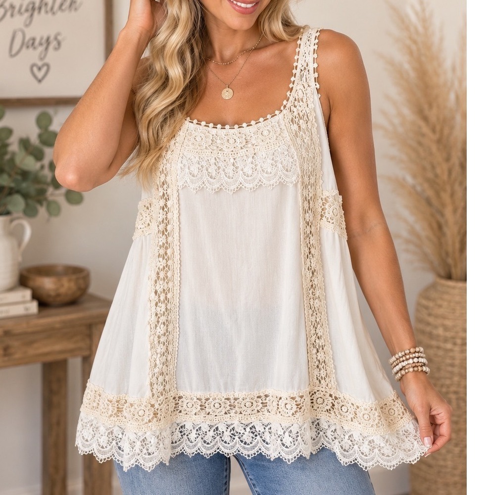 Haute Society Boho Crochet Lace Layered Tunic Tank Top Cream Sleeveless Camisole